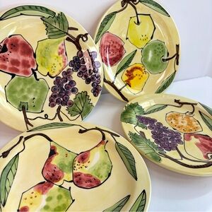 Tika International Hand Painted Fruit Folk Art Ceramic Plates MCM Vintage Set 4
